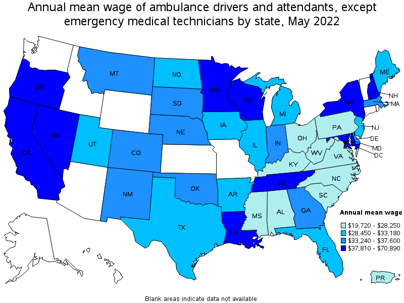 Map of annual mean wages of ambulance drivers and attendants, except emergency medical technicians by state, May 2022