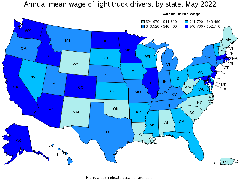 Map of annual mean wages of light truck drivers by state, May 2022