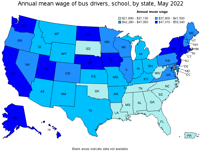 Map of annual mean wages of bus drivers, school by state, May 2022