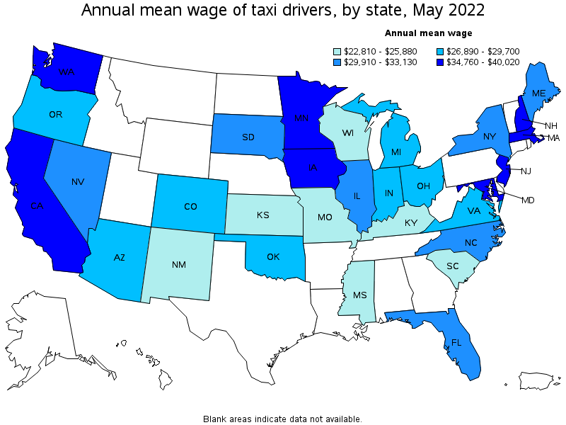 Map of annual mean wages of taxi drivers by state, May 2022