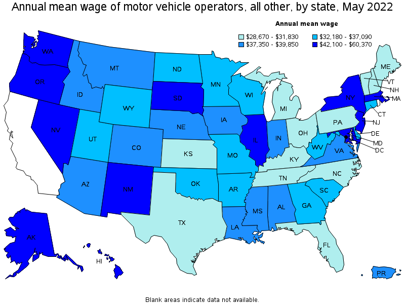 Map of annual mean wages of motor vehicle operators, all other by state, May 2022