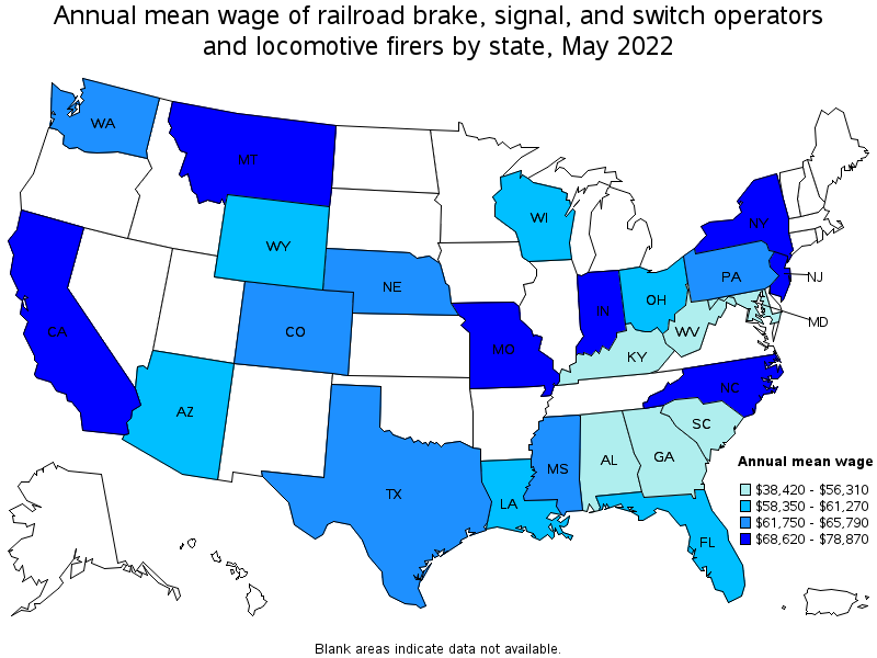 Map of annual mean wages of railroad brake, signal, and switch operators and locomotive firers by state, May 2022