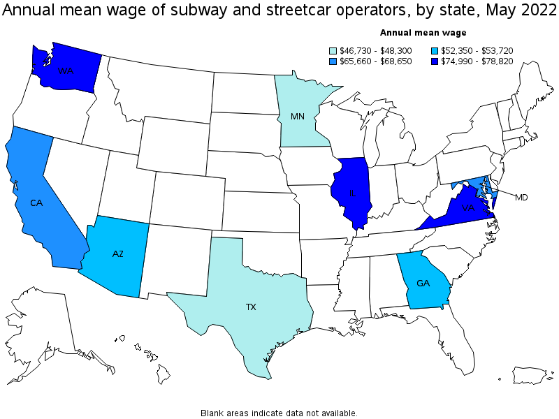 Map of annual mean wages of subway and streetcar operators by state, May 2022