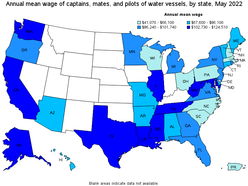 Map of annual mean wages of captains, mates, and pilots of water vessels by state, May 2022