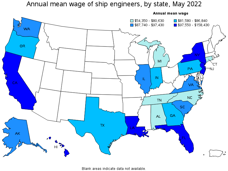 Map of annual mean wages of ship engineers by state, May 2022