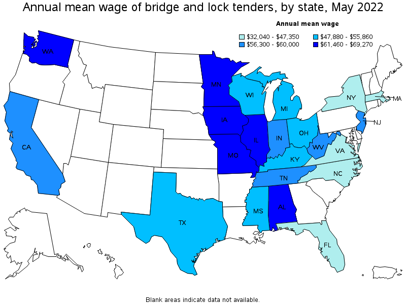 Map of annual mean wages of bridge and lock tenders by state, May 2022