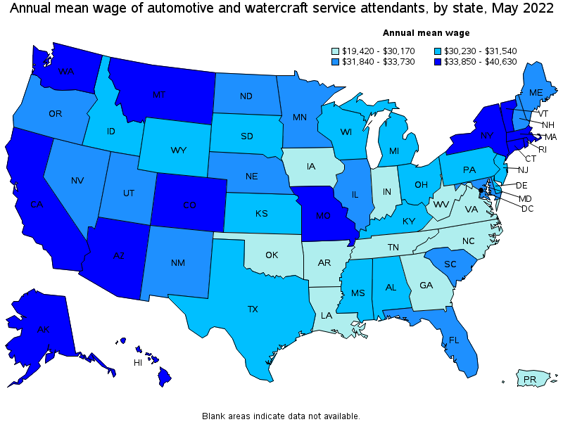 Map of annual mean wages of automotive and watercraft service attendants by state, May 2022