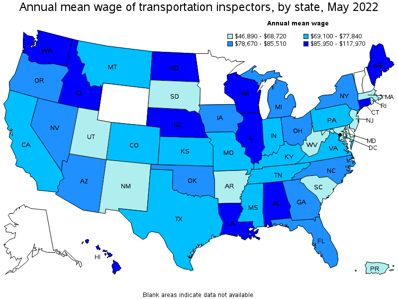 Map of annual mean wages of transportation inspectors by state, May 2022