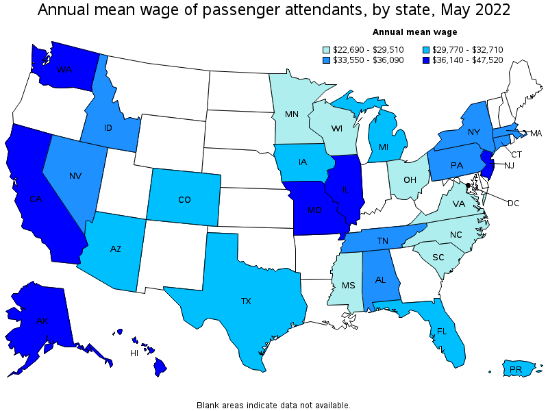 Map of annual mean wages of passenger attendants by state, May 2022