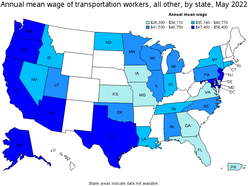 Map of annual mean wages of transportation workers, all other by state, May 2022