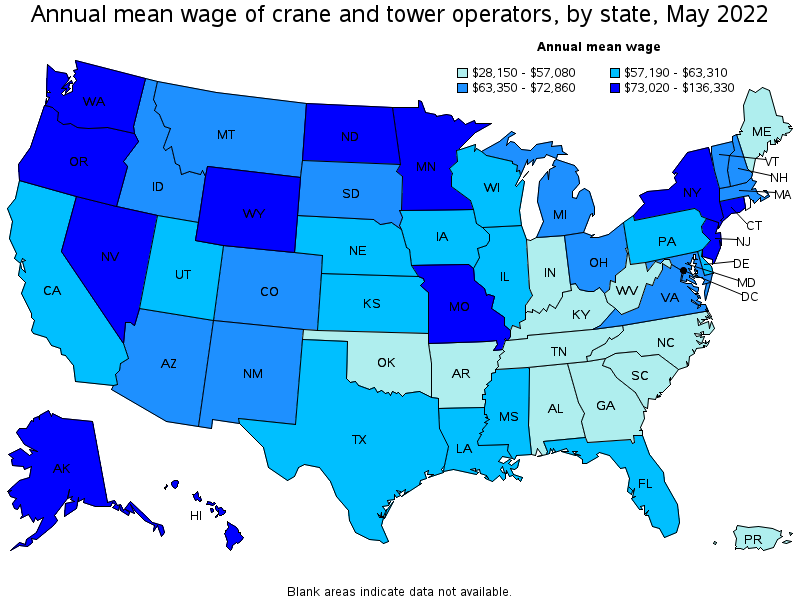 Map of annual mean wages of crane and tower operators by state, May 2022