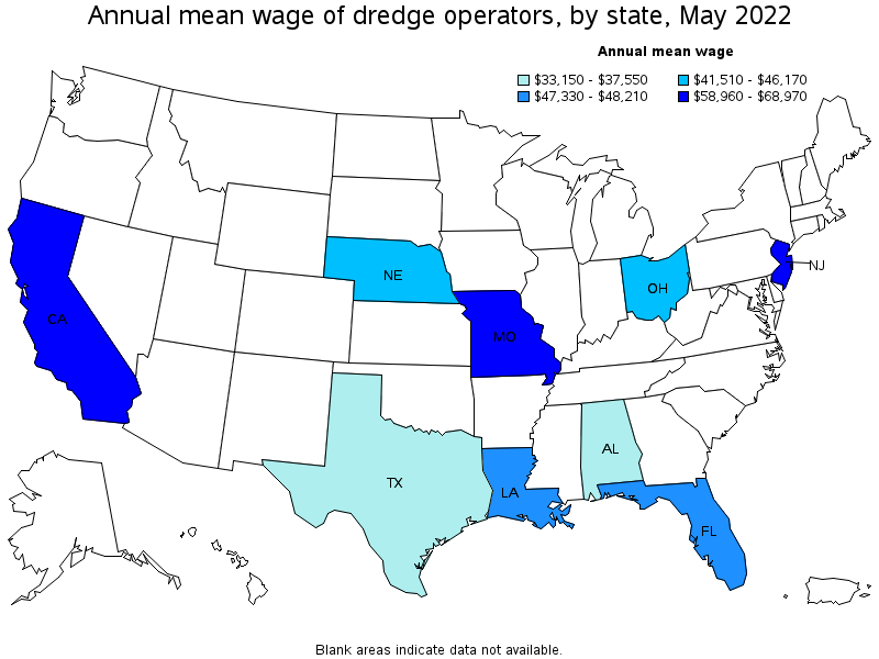 Map of annual mean wages of dredge operators by state, May 2022
