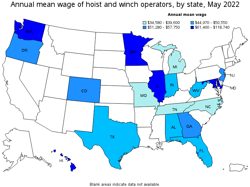 Map of annual mean wages of hoist and winch operators by state, May 2022