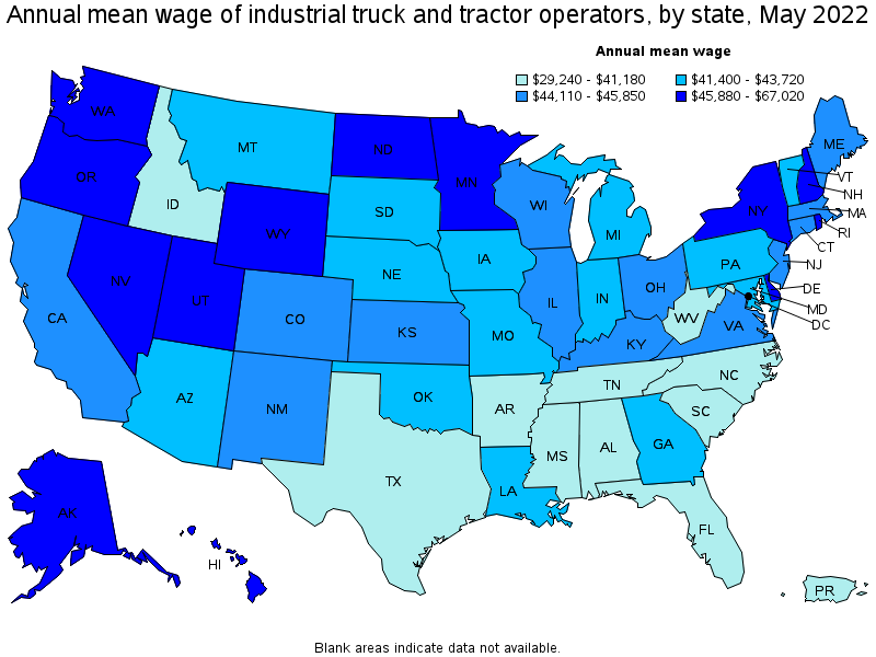 Map of annual mean wages of industrial truck and tractor operators by state, May 2022