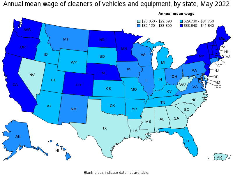 Map of annual mean wages of cleaners of vehicles and equipment by state, May 2022