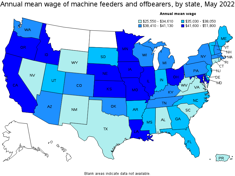 Map of annual mean wages of machine feeders and offbearers by state, May 2022