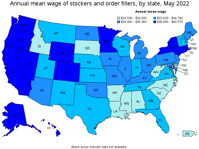 Map of annual mean wages of stockers and order fillers by state, May 2022