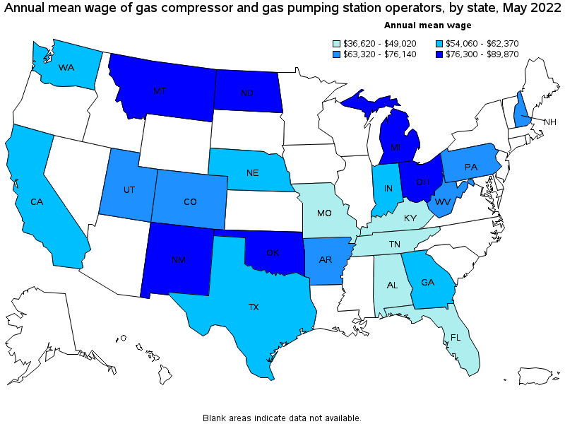 Map of annual mean wages of gas compressor and gas pumping station operators by state, May 2022