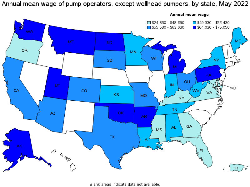 Map of annual mean wages of pump operators, except wellhead pumpers by state, May 2022