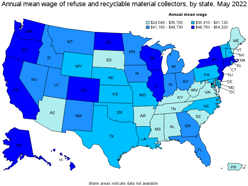 Map of annual mean wages of refuse and recyclable material collectors by state, May 2022