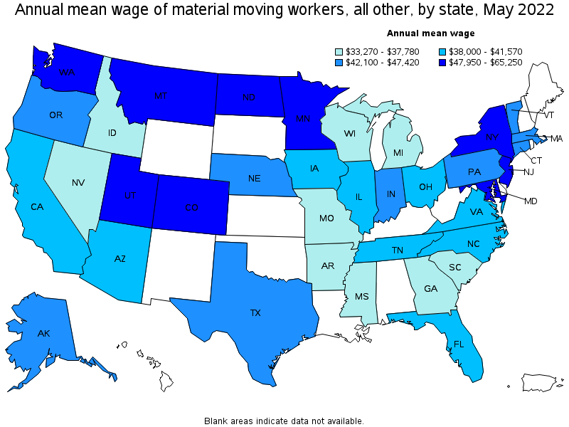 Map of annual mean wages of material moving workers, all other by state, May 2022