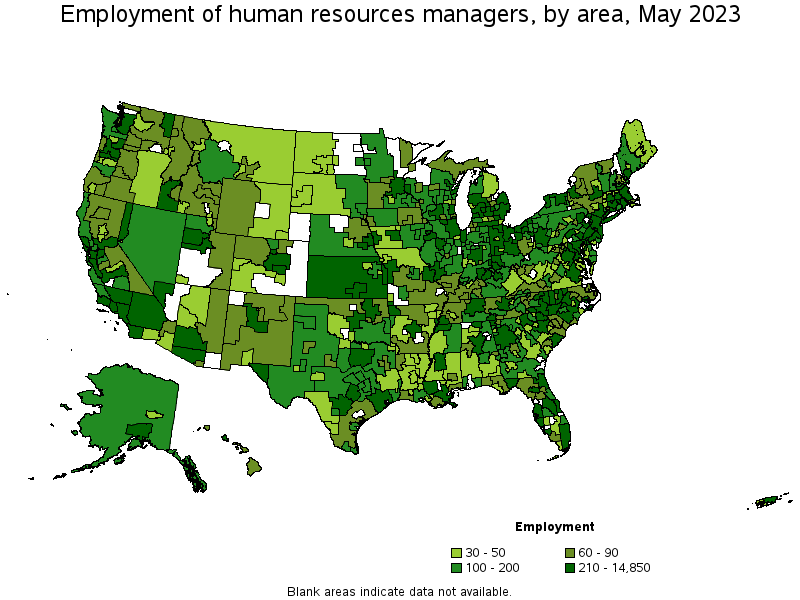 Map of employment of human resources managers by area, May 2023