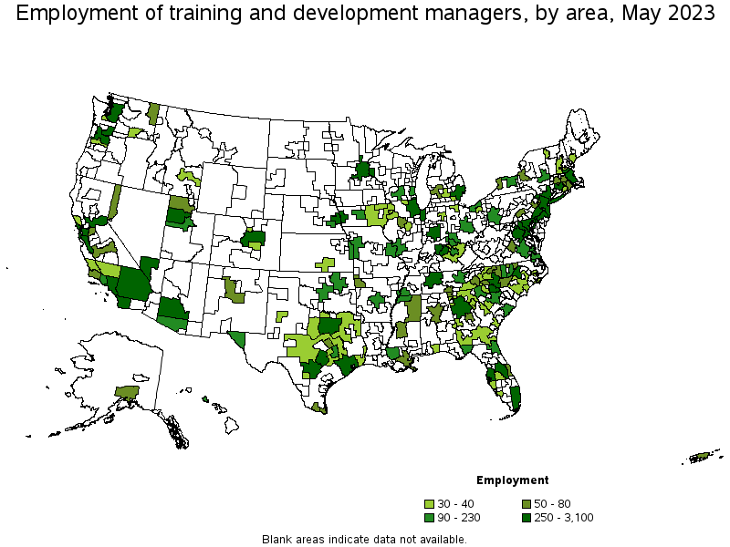 Map of employment of training and development managers by area, May 2023