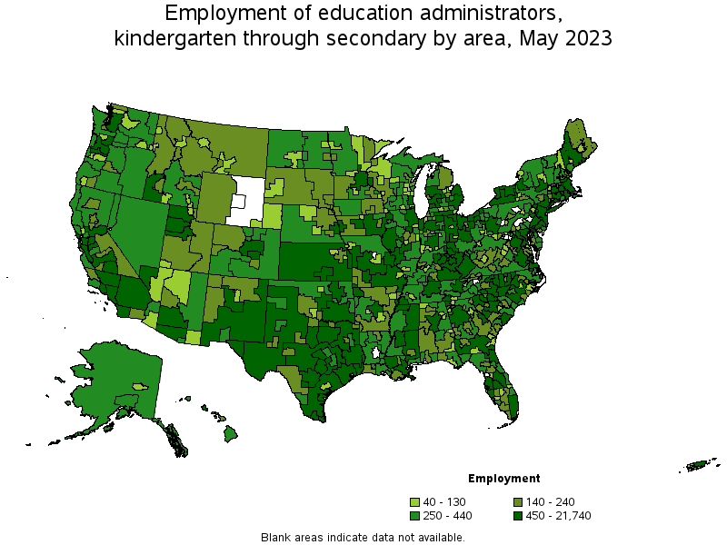 Map of employment of education administrators, kindergarten through secondary by area, May 2023