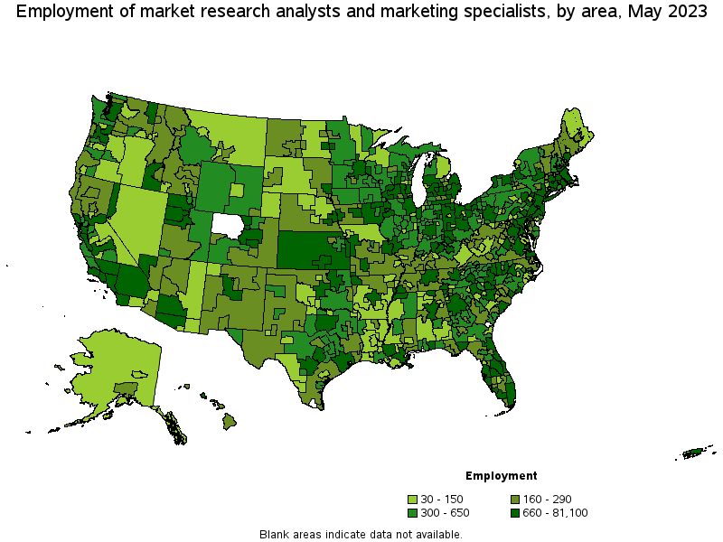 Map of employment of market research analysts and marketing specialists by area, May 2023