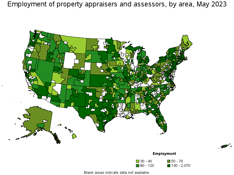 Map of employment of property appraisers and assessors by area, May 2023