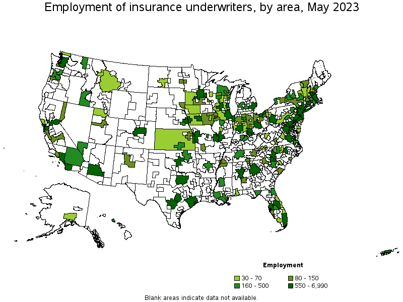 Map of employment of insurance underwriters by area, May 2023