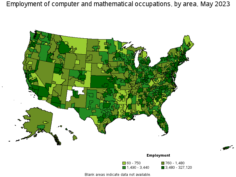 Map of employment of computer and mathematical occupations by area, May 2023