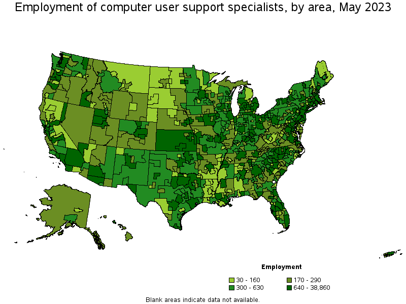 Map of employment of computer user support specialists by area, May 2023