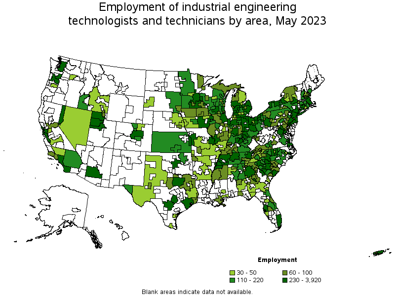 Map of employment of industrial engineering technologists and technicians by area, May 2023