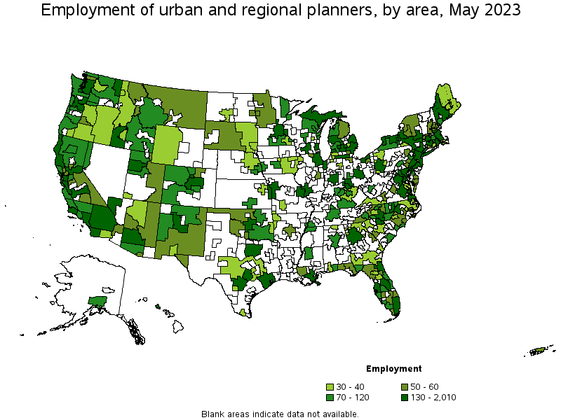 Map of employment of urban and regional planners by area, May 2023