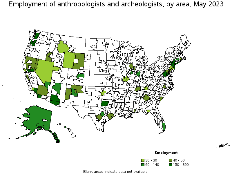 Map of employment of anthropologists and archeologists by area, May 2023