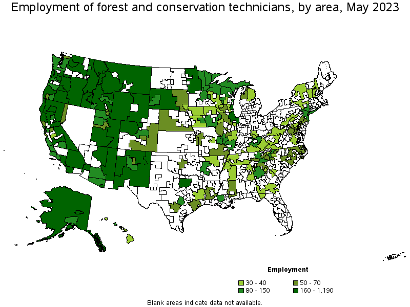 Map of employment of forest and conservation technicians by area, May 2023