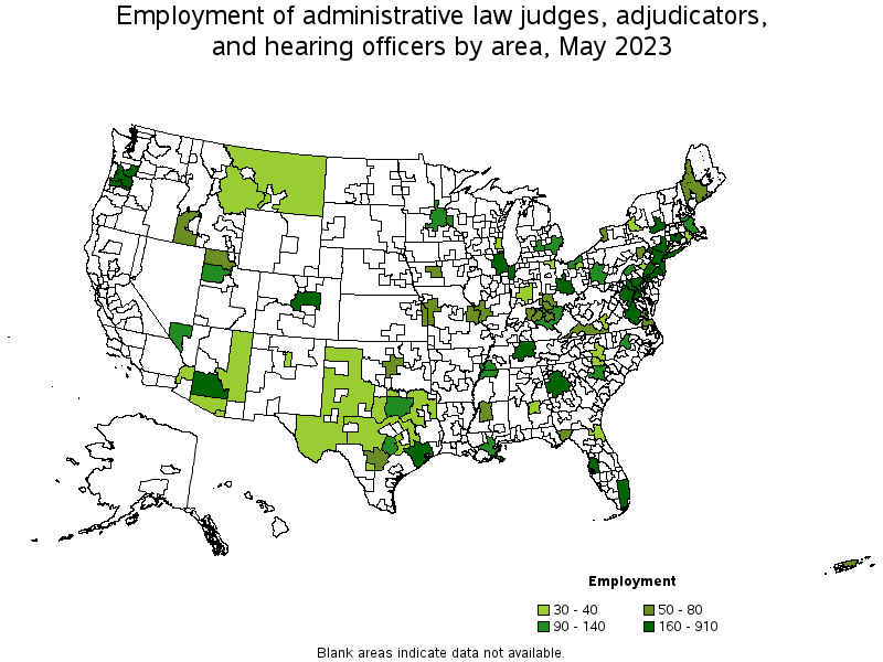 Map of employment of administrative law judges, adjudicators, and hearing officers by area, May 2023