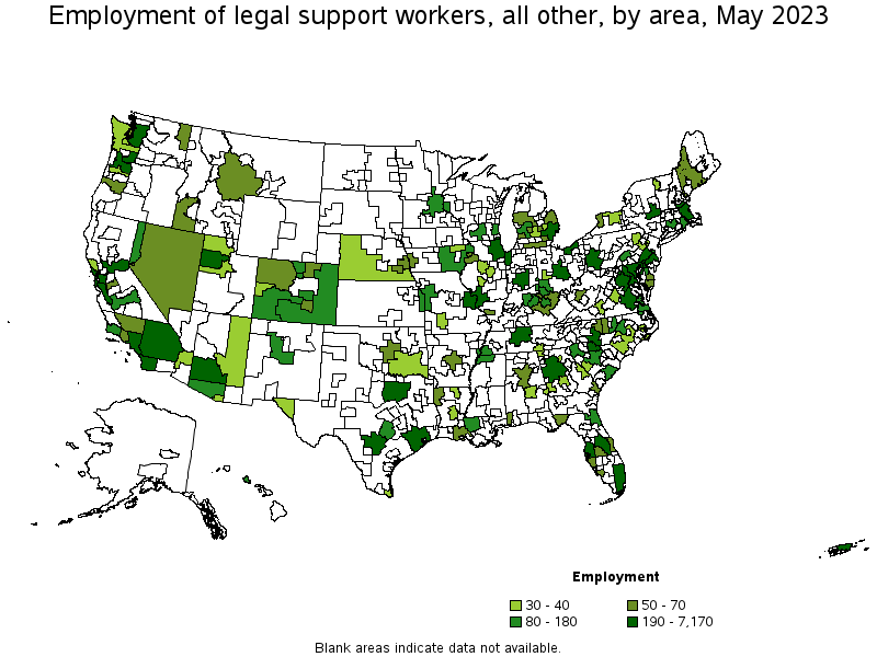 Map of employment of legal support workers, all other by area, May 2023
