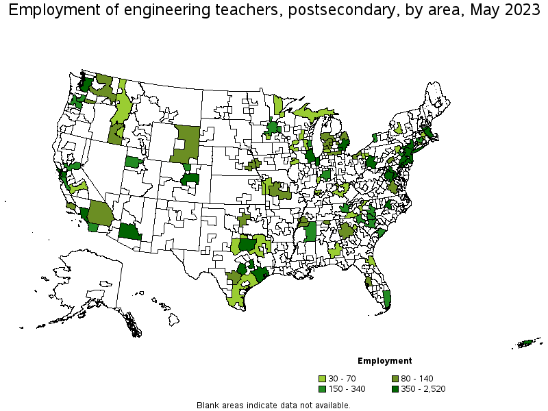 Map of employment of engineering teachers, postsecondary by area, May 2023