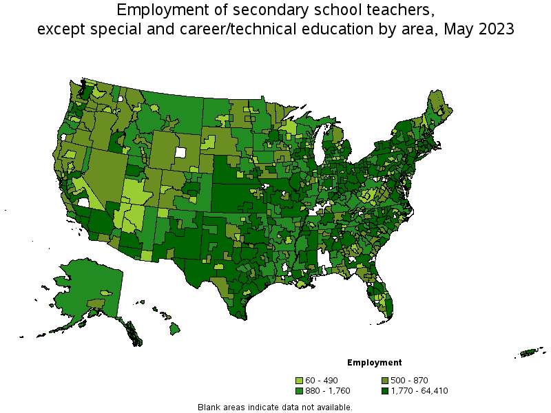 Map of employment of secondary school teachers, except special and career/technical education by area, May 2023
