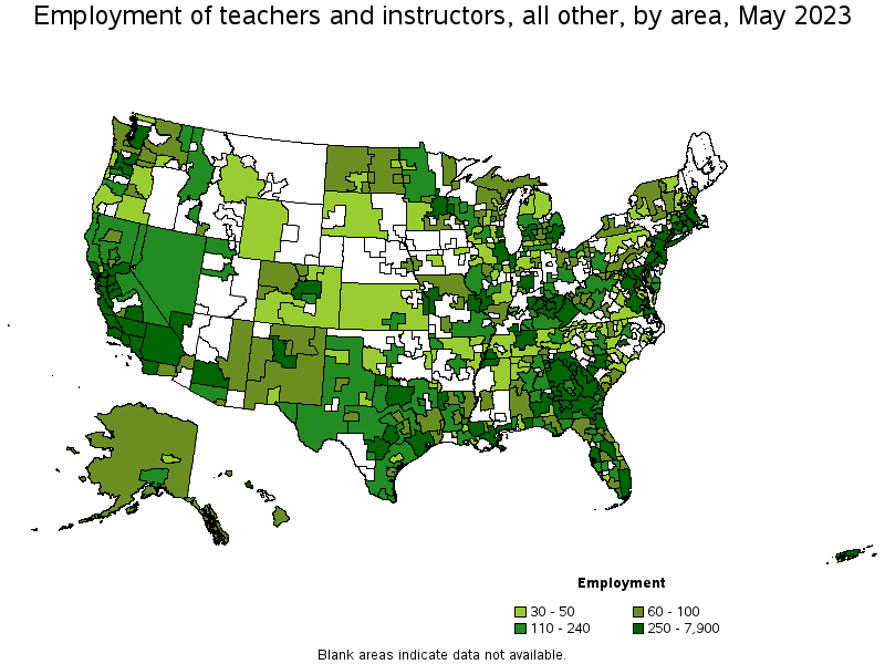 Map of employment of teachers and instructors, all other by area, May 2023