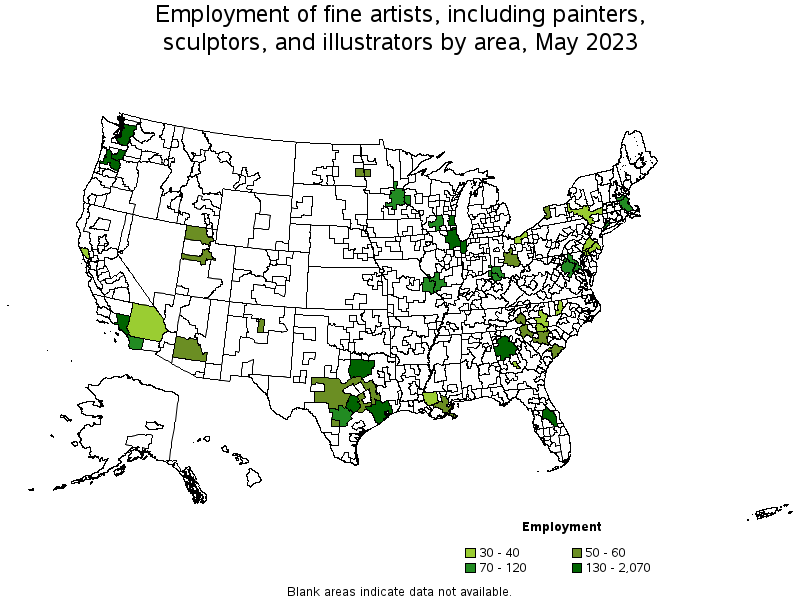 Map of employment of fine artists, including painters, sculptors, and illustrators by area, May 2023