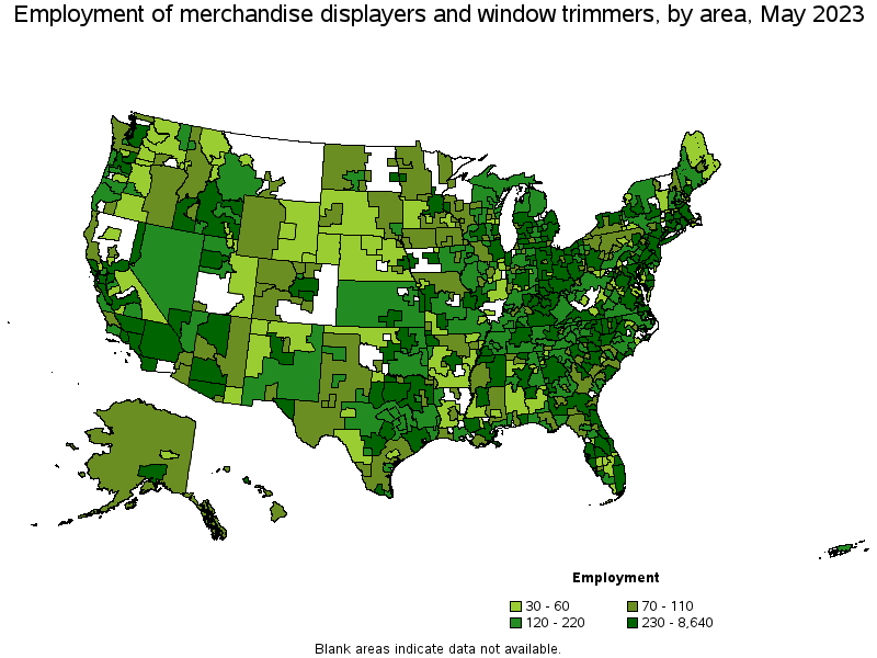 Map of employment of merchandise displayers and window trimmers by area, May 2023