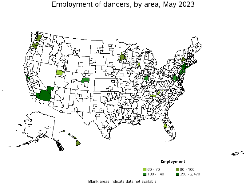 Map of employment of dancers by area, May 2023