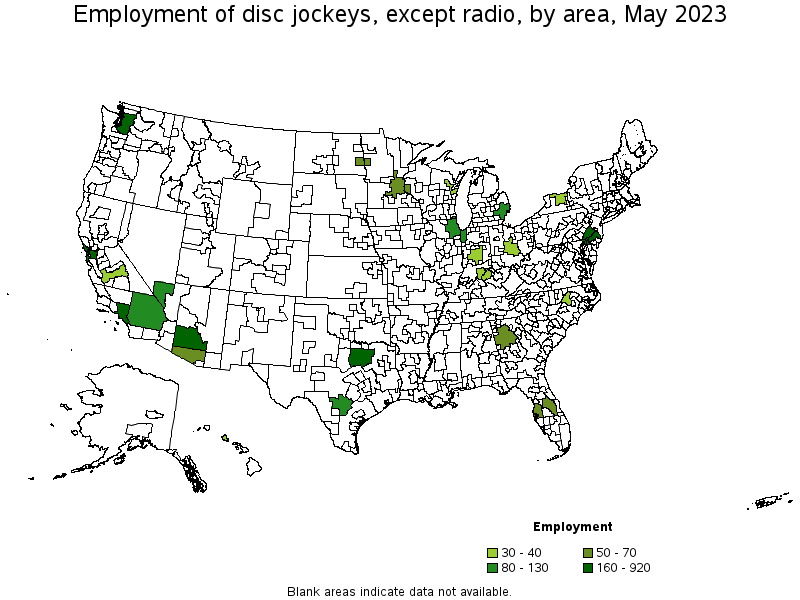 Map of employment of disc jockeys, except radio by area, May 2023