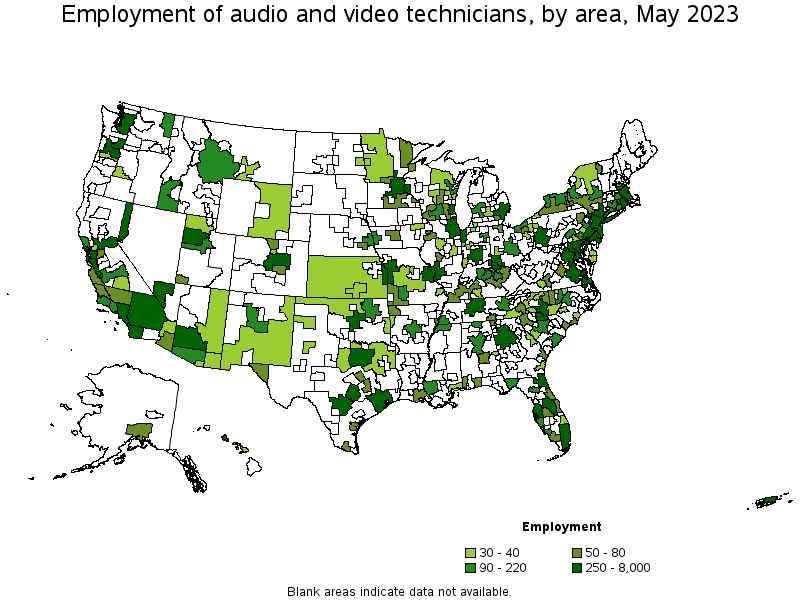 Map of employment of audio and video technicians by area, May 2023