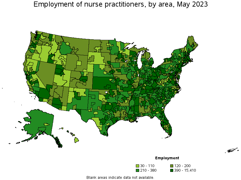 Map of employment of nurse practitioners by area, May 2023