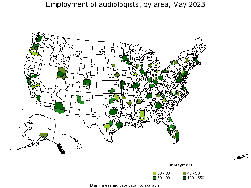 Map of employment of audiologists by area, May 2023