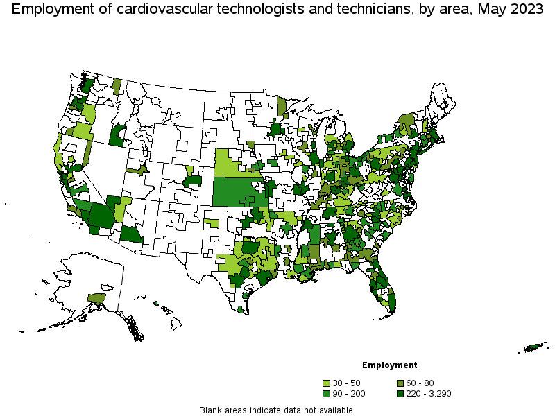 Map of employment of cardiovascular technologists and technicians by area, May 2023